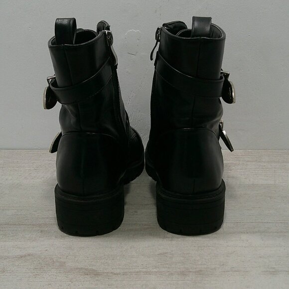 Dolls Kill Combat Moto Lace up Black Boots with Silver Buckle Strap Size 6 - Picture 9 of 13